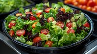 Fresh mixed green salad with cherry tomatoes and lettuce varieties in black bowl on dark background, healthy vegetarian meal ready to serve.