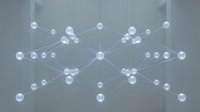 Connected spheres form an abstract network structure with glowing nodes and linking lines on neutral background, representing data connection, technology infrastructure, and digital communication systems.