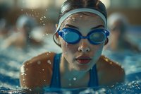 Young Asian female swimmer in blue goggles and swimsuit emerging from pool water with water droplets splashing, dramatic sports photography in aqua tones.