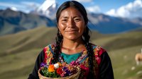 Young indigenous woman in traditional colorful embroidered clothing smiling outdoors with mountain landscape background for cultural diversity content.