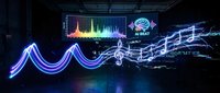 Futuristic neon music visualization with glowing sound waves, audio spectrum display and musical notes flowing through dark digital space for tech projects.