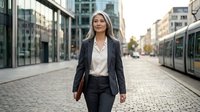 Professional blonde businesswoman walking confidently through modern city street with tram, wearing elegant black suit for corporate success and urban lifestyle.