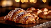 Fresh baked croissant with powdered sugar on wooden board, golden bokeh lights in background creating cozy atmosphere for breakfast or cafe menu.