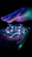Hands interacting with futuristic holographic interface displaying blockchain network nodes and microservices architecture on smartphone screen.