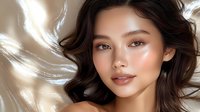 Young Asian woman with glowing natural makeup and flowing dark hair against beige silk background, soft lighting creates luxurious beauty portrait with dewy skin effect.