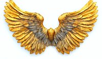 Golden eagle wings spread wide against white background, detailed feather texture in metallic gold and bronze tones, isolated decorative element.