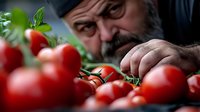 Bearded mature man carefully inspecting fresh red tomatoes on vine, close-up view showing quality control and selection of ripe organic produce.