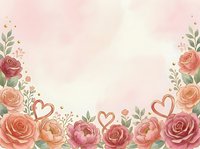 Watercolor floral border with roses, peonies, and heart shapes on soft pink background. Isolated design element suitable for wedding invitations, greeting cards, and romantic projects.