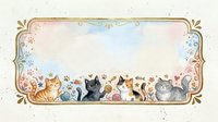 Watercolor ornate frame with adorable kittens and yarn balls border on soft pastel background for greeting cards and invitations.
