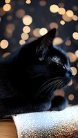 Black cat profile against golden bokeh lights, creating magical atmosphere for holiday cards or mystical pet concepts.