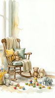 Cozy nursery watercolor with wooden rocking chair, soft blankets, teddy bears and colorful toy blocks scattered on floor for baby room decor.
