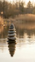 Zen stone stack balanced on calm water surface with golden sunset light creating peaceful meditation atmosphere and natural reflection.