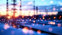 Blurred urban landscape with telecommunication towers silhouettes at dusk, glowing bokeh lights and raindrops creating dreamy atmospheric effect. For technology backgrounds.