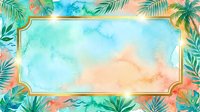 Tropical watercolor frame with palm leaves and golden border on isolated background, suitable for invitations, greeting cards, and design projects.