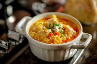 Creamy corn chowder garnished with fresh herbs and red bell peppers in white ceramic bowl, selective focus on hearty homestyle soup with vegetables.