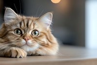 Adorable fluffy orange tabby kitten with bright green eyes lying on wooden surface in cozy home interior with warm lighting for pet care content.