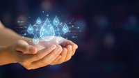 Hands holding glowing water droplet network with digital connections and technology icons, representing sustainable water management, environmental conservation, and innovative solutions for future resources.