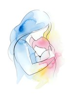 Watercolor mother holding newborn baby in tender embrace with soft pastel colors on white background for maternity and parenting designs.
