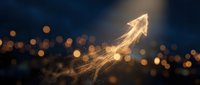 Upward arrow made of glowing particles and light trails symbolizing growth, success, and rising profits for business and financial presentations.