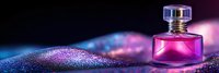 Pink perfume bottle on dark glittery surface with purple and blue bokeh lights creating luxurious atmosphere for beauty and cosmetic product photography.