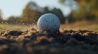 Golf ball hitting sandy ground with dramatic splash of dirt particles in golden sunset light, creating dynamic sports action moment with bokeh background effect.