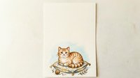 Adorable orange tabby kitten sitting on vintage scale with scattered coins, charming watercolor style illustration on white background for design projects.