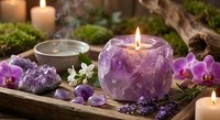 Amethyst crystal candle holder with burning flame surrounded by purple orchids, lavender, healing stones and spa accessories for meditation and wellness.