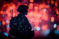 Silhouette of military soldier against red and blue bokeh background with glowing network connections, depicting modern warfare and digital battlefield concept.