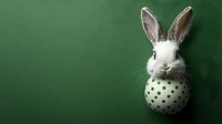 White rabbit head emerging from polka dot sphere against green background, creative minimal composition for seasonal greeting cards and advertising designs.