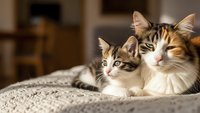 Adorable tabby mother cat with kitten resting together on cozy blanket in warm sunlit home interior. Family bonding moment captures maternal love and comfort.