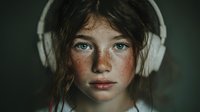 Young girl with freckles wearing white winter headphones looking directly at camera with striking blue eyes and natural expression for lifestyle content.