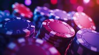 Casino poker chips in vibrant pink and blue neon lighting create dramatic atmosphere with selective focus and bokeh effect, suitable for gambling and entertainment concepts.