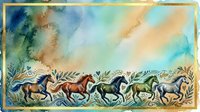 Herd of horses running freely across meadow with decorative foliage border, watercolor style artwork on isolated background suitable for wall art, home decor, and design projects.
