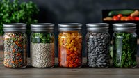 Glass jars filled with colorful dried legumes, grains, and fresh herbs on wooden surface against dark background, showcasing healthy pantry organization and storage.
