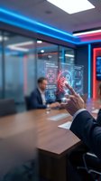 Businessman in dark suit interacting with holographic process automation interface displaying workflow optimization and data analytics in modern office with neon blue and red lighting.
