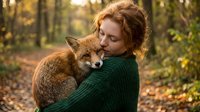 Young Caucasian woman with curly red hair embracing red fox in autumn forest wearing green knit sweater during golden hour creating magical wildlife connection moment.
