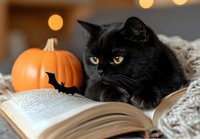 Black cat lying on open book with orange pumpkin and decorative bat in cozy autumn setting, creating magical Halloween atmosphere with warm bokeh lights in background.