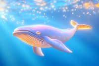 Magical glowing whale swimming in deep blue ocean waters surrounded by sparkling bubbles and ethereal light effects. Stylized fantasy marine illustration.