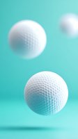 White golf balls floating against turquoise background, showing detailed dimpled surface texture in minimalist sports composition. Suitable for golf equipment marketing.