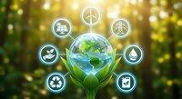 Green hands holding Earth globe with renewable energy icons on blurred nature background representing environmental protection and sustainability.