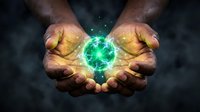 Hands holding glowing green energy sphere with magical light effect, representing power, sustainability, renewable energy, and spiritual healing for design projects.