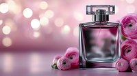 Luxury perfume bottle with pink roses and soft bokeh lights creating elegant feminine fragrance advertisement background for beauty and cosmetics marketing.