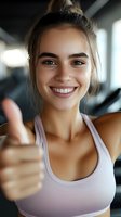 Young Caucasian woman in pink sports bra giving thumbs up with bright smile at gym, showing positive attitude and motivation for fitness workout routine.