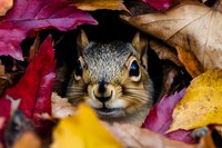Curious squirrel peeking through vibrant autumn leaves in shades of red, pink, yellow and brown. Wildlife and nature stock for seasonal campaigns and editorial use.