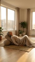 Young woman relaxing on floor cushions in sunlit living room with plants and natural light streaming through windows for wellness and mindfulness.
