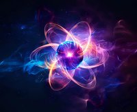 Abstract atomic structure with glowing orange and blue energy waves in space, featuring luminous nucleus and electron orbits against dark background. For science concepts.