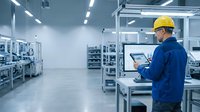 Male technician in blue workwear and yellow safety helmet operating industrial machinery at control panel in modern factory environment with equipment and storage systems.