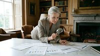 Senior woman with gray hair, Caucasian ethnicity, wearing a beige blazer, examining architectural blueprints and plans with a magnifying glass at a desk in a traditional study room with fireplace and bookshelves.