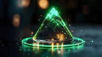 Glowing green triangle with sparkles and light effects floating above illuminated circle on dark background with bokeh lights for technology designs.