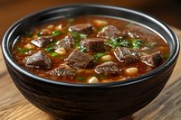 Hearty beef stew with tender meat chunks, vegetables and herbs in rich brown broth served in traditional black ceramic bowl on wooden table. Close up food photography.